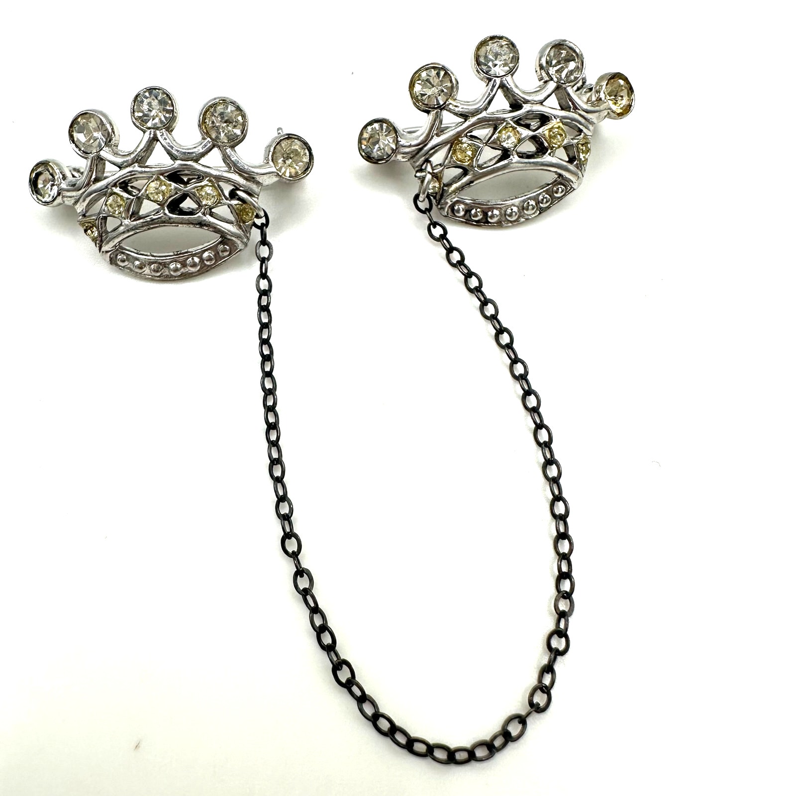 1940s Vintage Sterling Silver Rhinestones Double Crown Brooch Sweater Guard